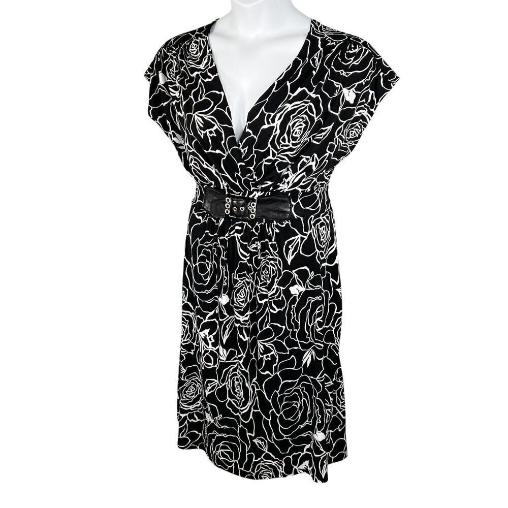 Y2K Womens XL Black Rose Babydoll Dress Vegan Leather Belt Stretchy Fairy Grunge